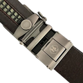 Dark brown croco leather ratchet belt with silver buckle, hardware close-up