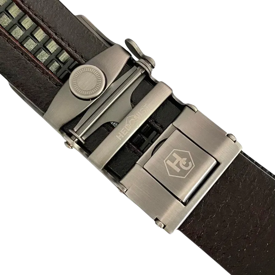 Dark brown croco leather ratchet belt with silver buckle, hardware close-up