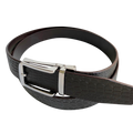 Dark brown croco leather ratchet belt with silver hollow buckle, buckle detail close-up