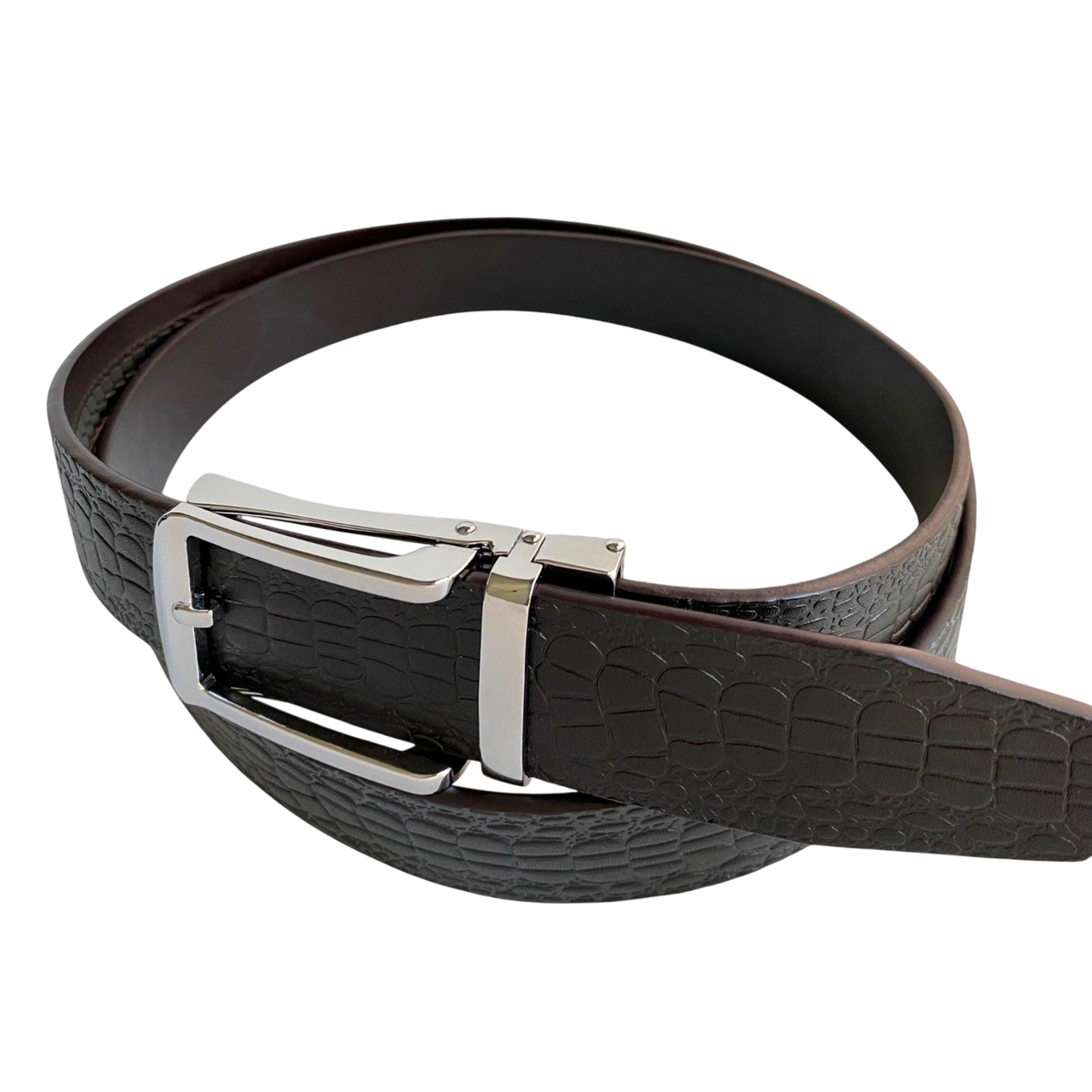 Dark brown croco leather ratchet belt with silver hollow buckle, buckle detail close-up