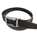 Dark brown croco leather ratchet belt with silver hollow buckle, buckle detail close-up