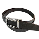 Dark brown croco leather ratchet belt with silver hollow buckle, buckle detail close-up