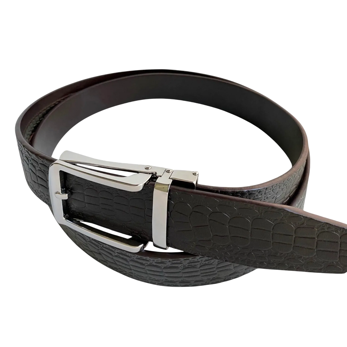 Dark brown croco leather ratchet belt with silver hollow buckle, buckle detail close-up