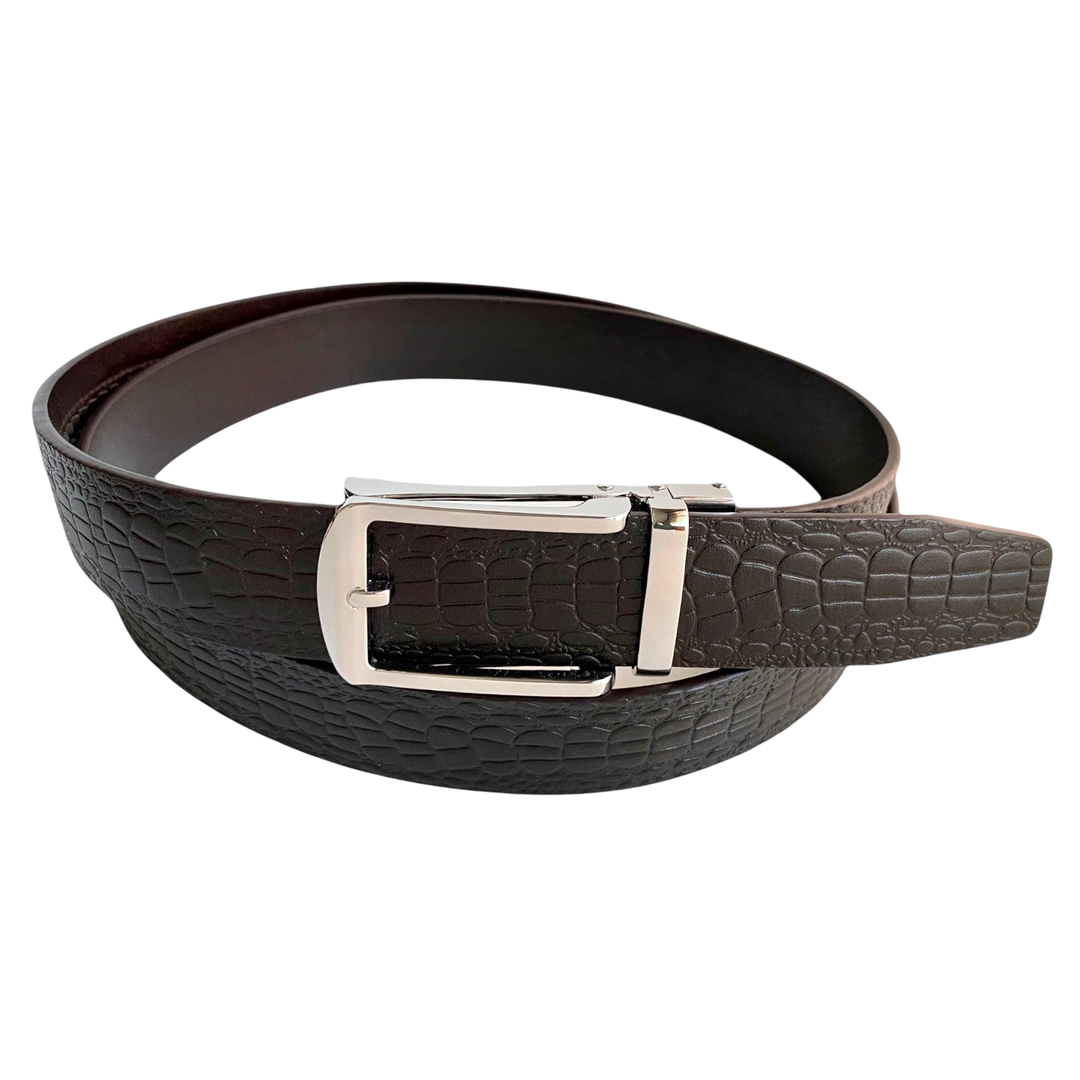 Dark brown croco leather ratchet belt with silver hollow buckle, front view