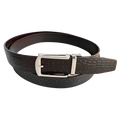 Dark brown croco leather ratchet belt with silver hollow buckle, front view
