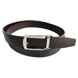 Dark brown croco leather ratchet belt with silver hollow buckle, front view