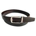 Dark brown croco leather ratchet belt with silver hollow buckle, front view