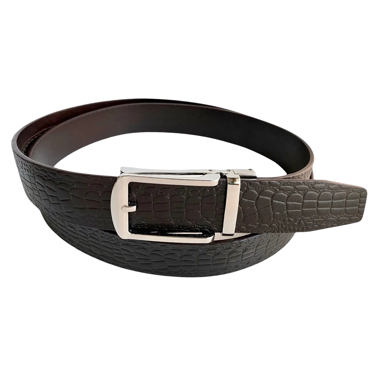 Dark brown croco leather ratchet belt with silver hollow buckle, front view