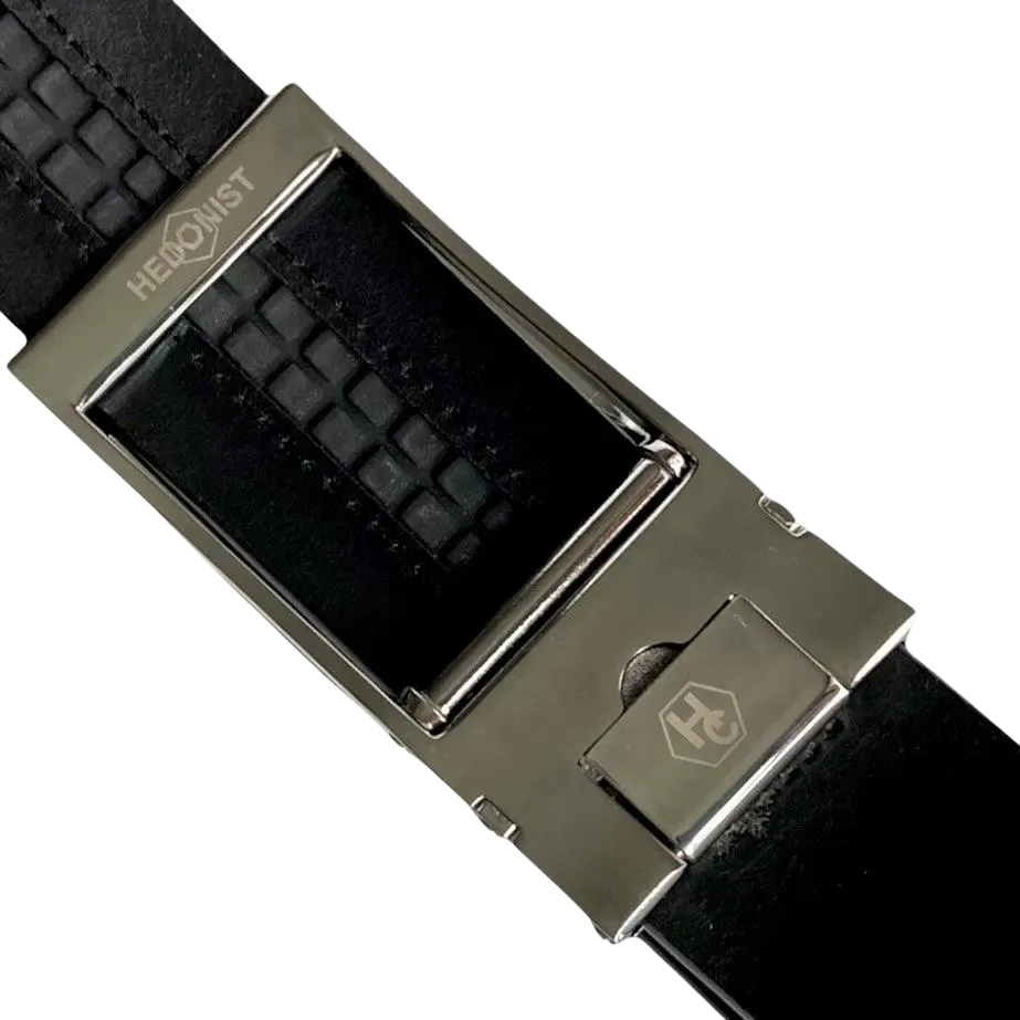 Dark brown croco leather ratchet belt with silver hollow buckle, hardware close-up