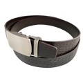 Dark brown croco leather ratchet belt with brushed silver plate buckle, buckle detail close-up