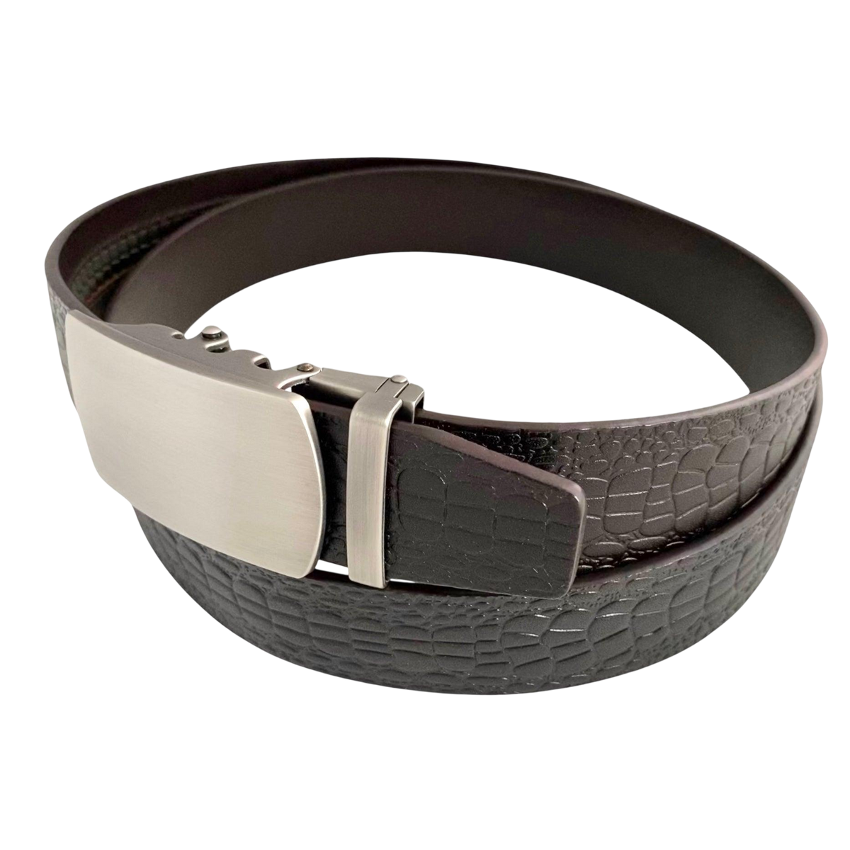Dark brown croco leather ratchet belt with brushed silver plate buckle, buckle detail close-up