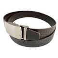 Dark brown croco leather ratchet belt with brushed silver plate buckle, buckle detail close-up