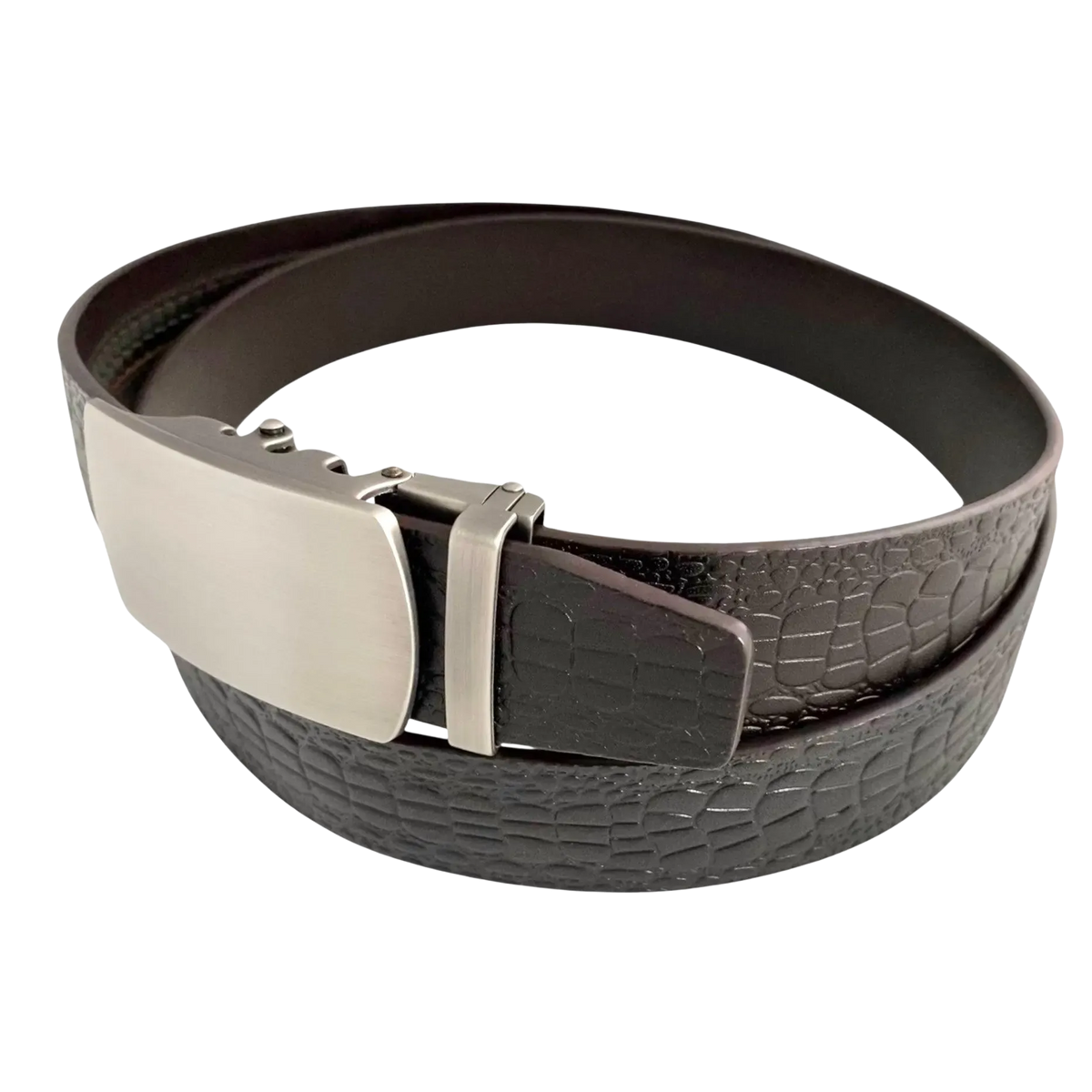 Dark brown croco leather ratchet belt with brushed silver plate buckle, buckle detail close-up