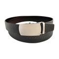 Dark brown croco leather ratchet belt with brushed silver plate buckle, front view