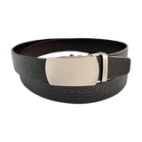 Dark brown croco leather ratchet belt with brushed silver plate buckle, front view