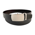 Dark brown croco leather ratchet belt with brushed silver plate buckle, front view