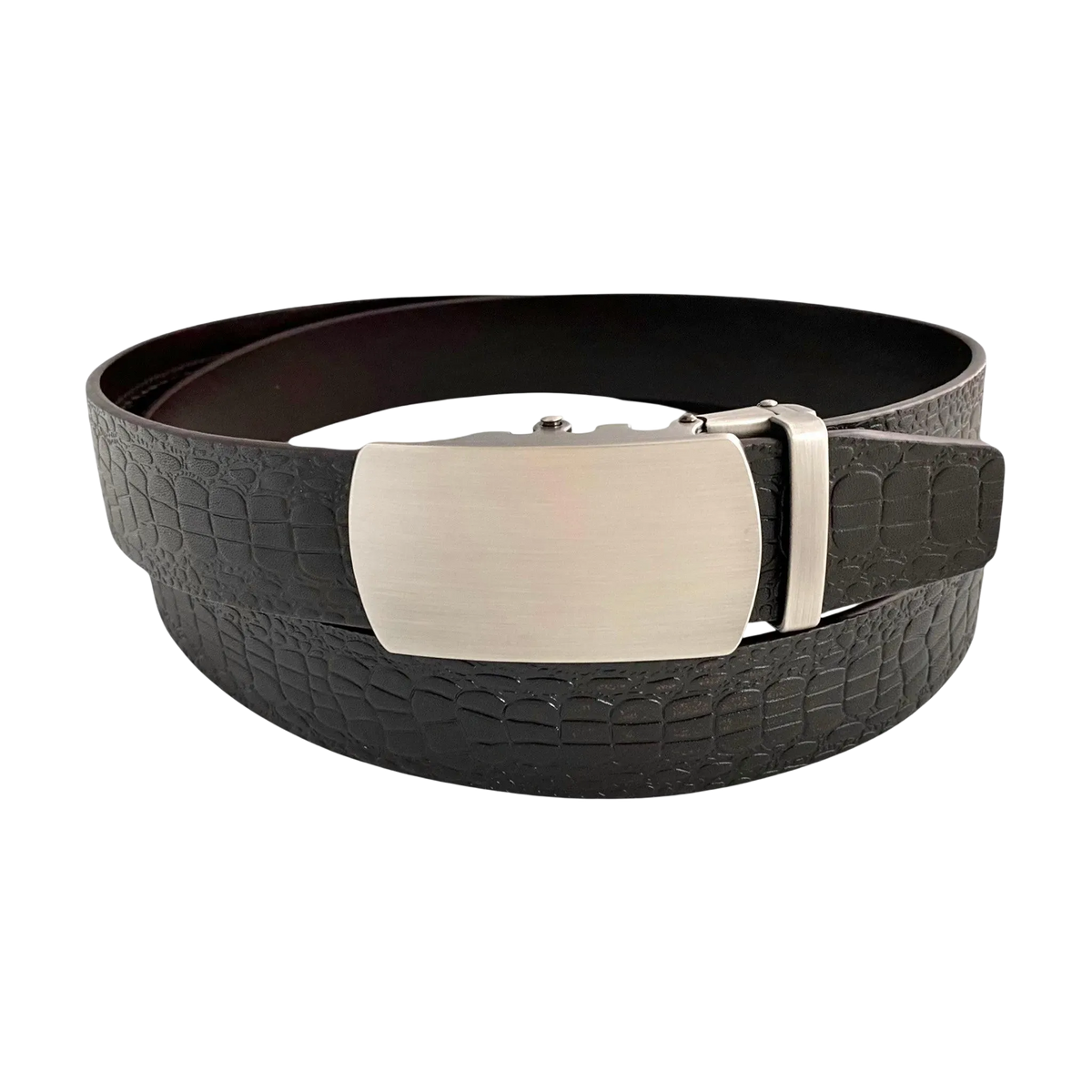 Dark brown croco leather ratchet belt with brushed silver plate buckle, front view