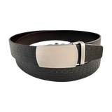 Dark brown croco leather ratchet belt with brushed silver plate buckle, front view