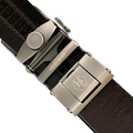 Dark brown croco leather ratchet belt with brushed silver plate buckle, hardware close-up