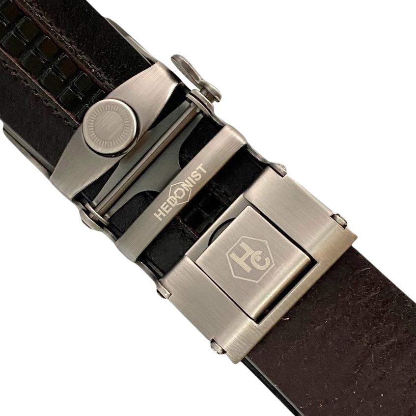 Dark brown croco leather ratchet belt with brushed silver plate buckle, hardware close-up