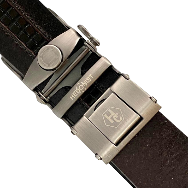 Dark brown croco leather ratchet belt with brushed silver plate buckle, hardware close-up