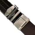 Dark brown croco leather ratchet belt with brushed silver plate buckle, hardware close-up