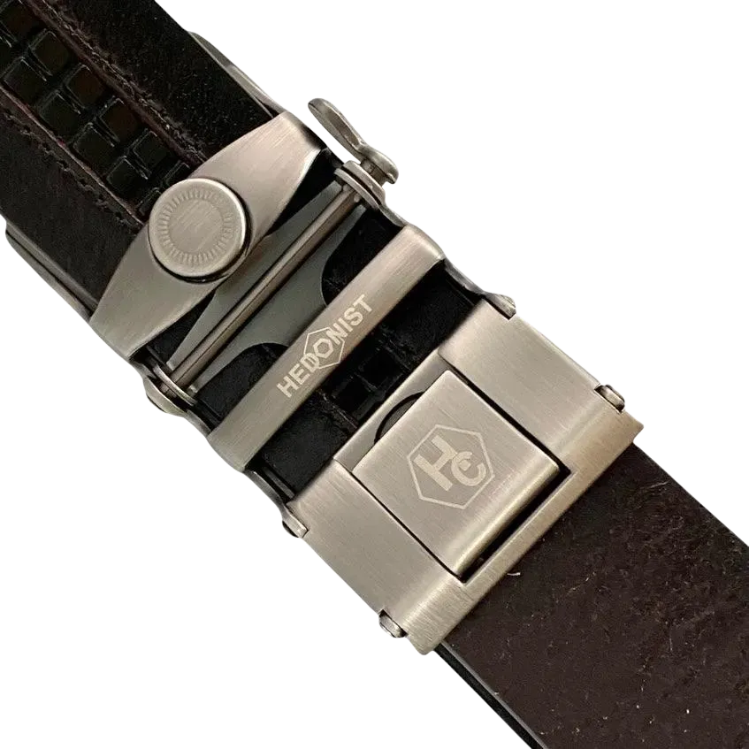 Dark brown croco leather ratchet belt with brushed silver plate buckle, hardware close-up