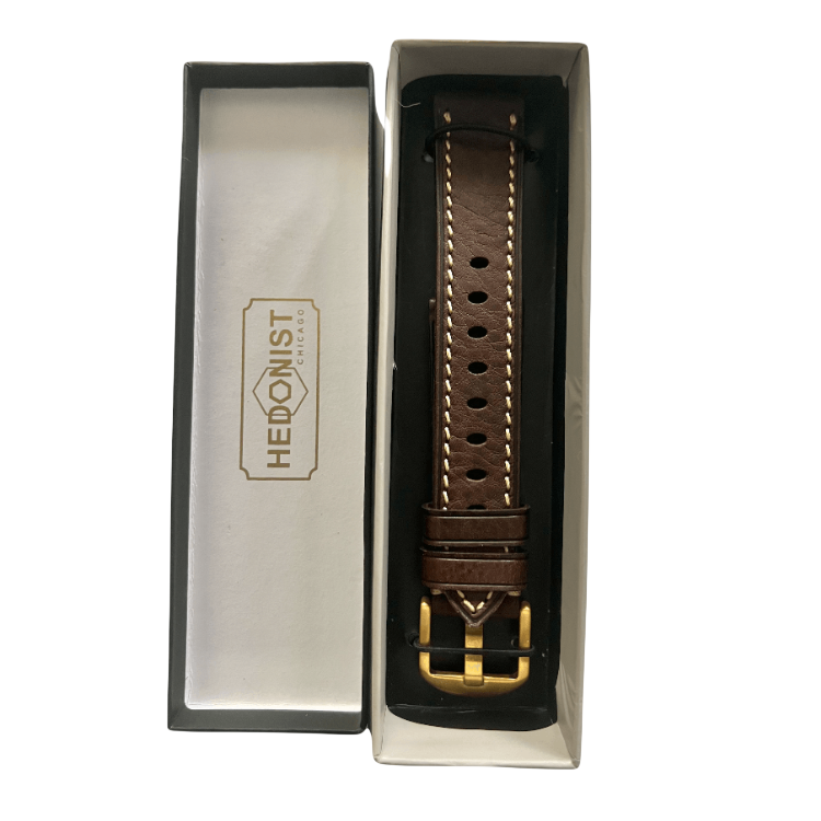 Dark brown flat leather Apple Watch band with buckle and holes