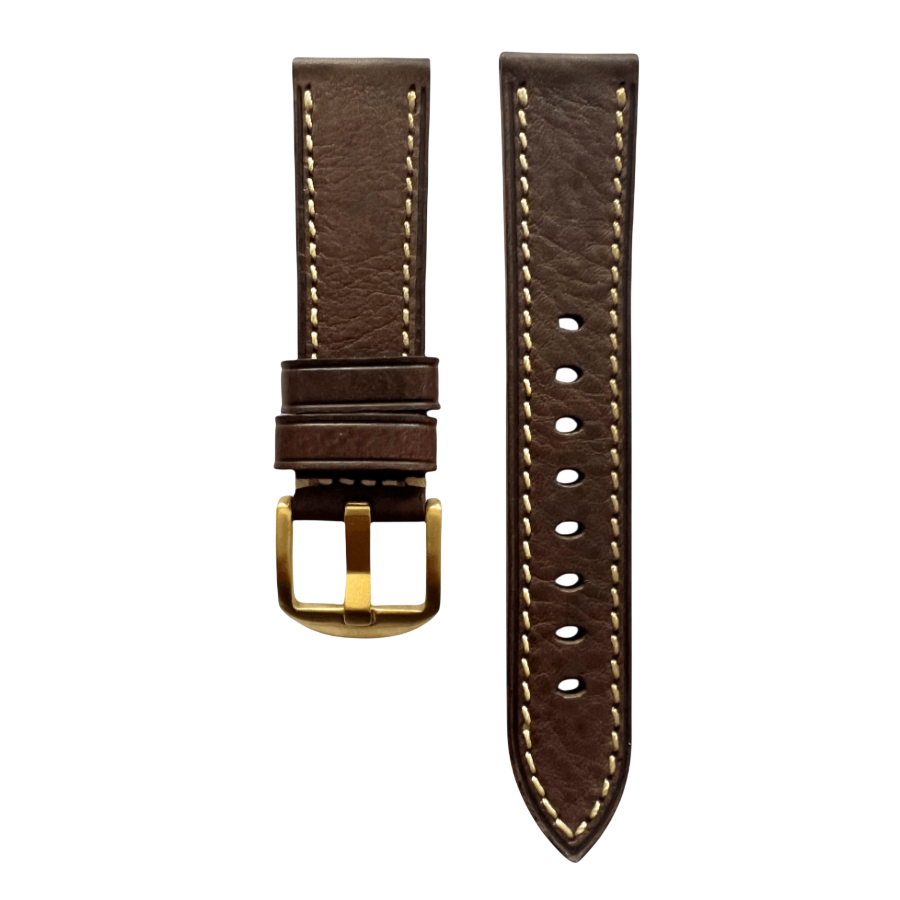 Dark brown flat leather Apple Watch band, close-up view