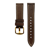 Dark brown flat leather Apple Watch band, close-up view