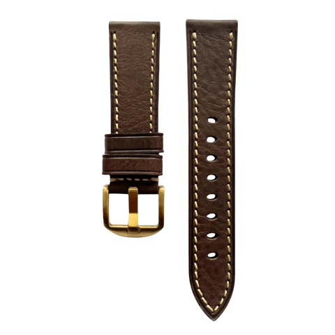 Dark brown flat leather Apple Watch band, close-up view