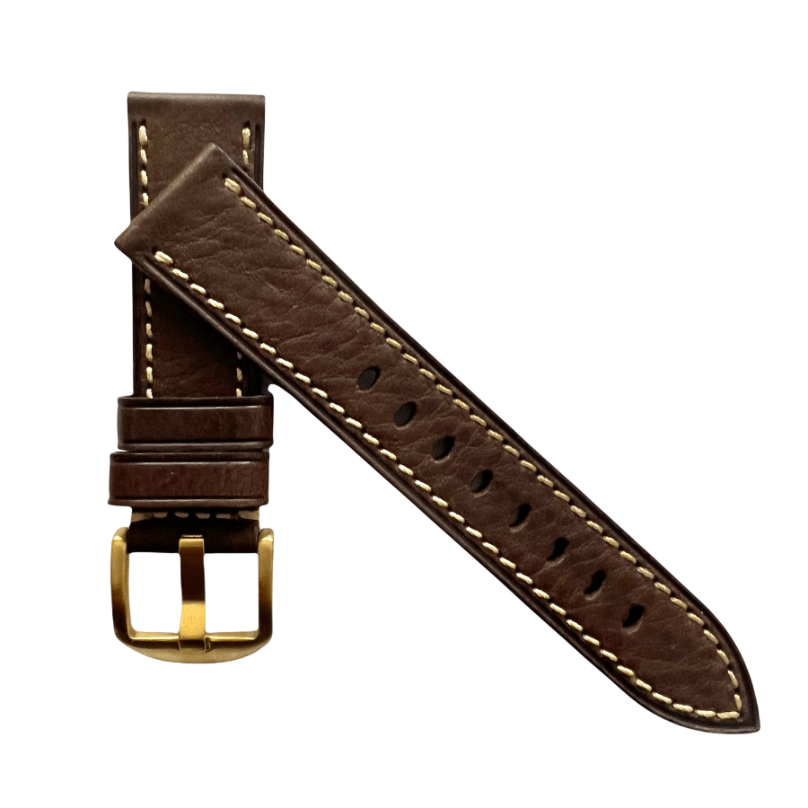 Dark brown flat leather Apple Watch band presented in gift box