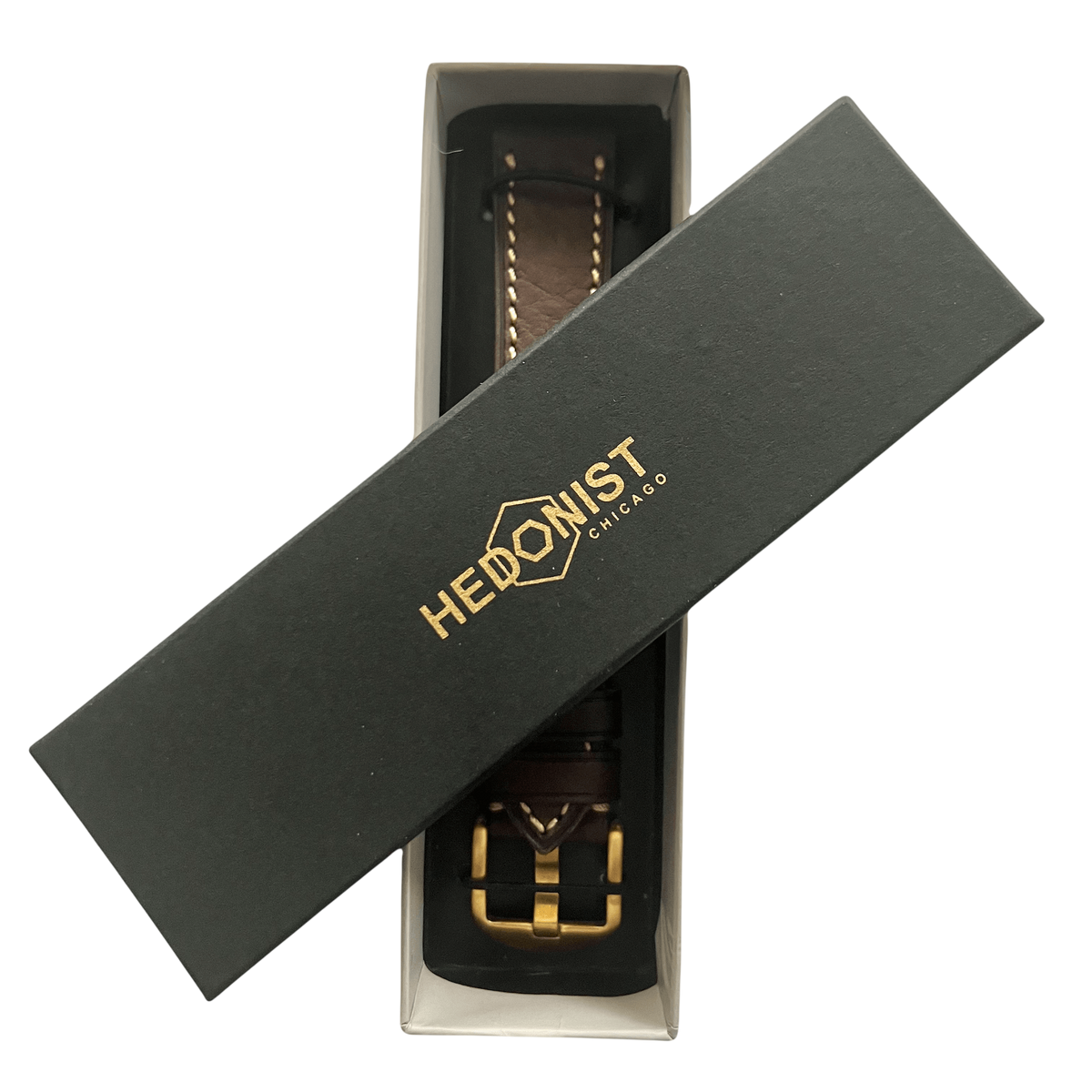 Dark brown flat leather Apple Watch band packaged for shipping
