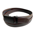 Dark brown folded-edge leather dress ratchet belt with black buckle, buckle detail close-up