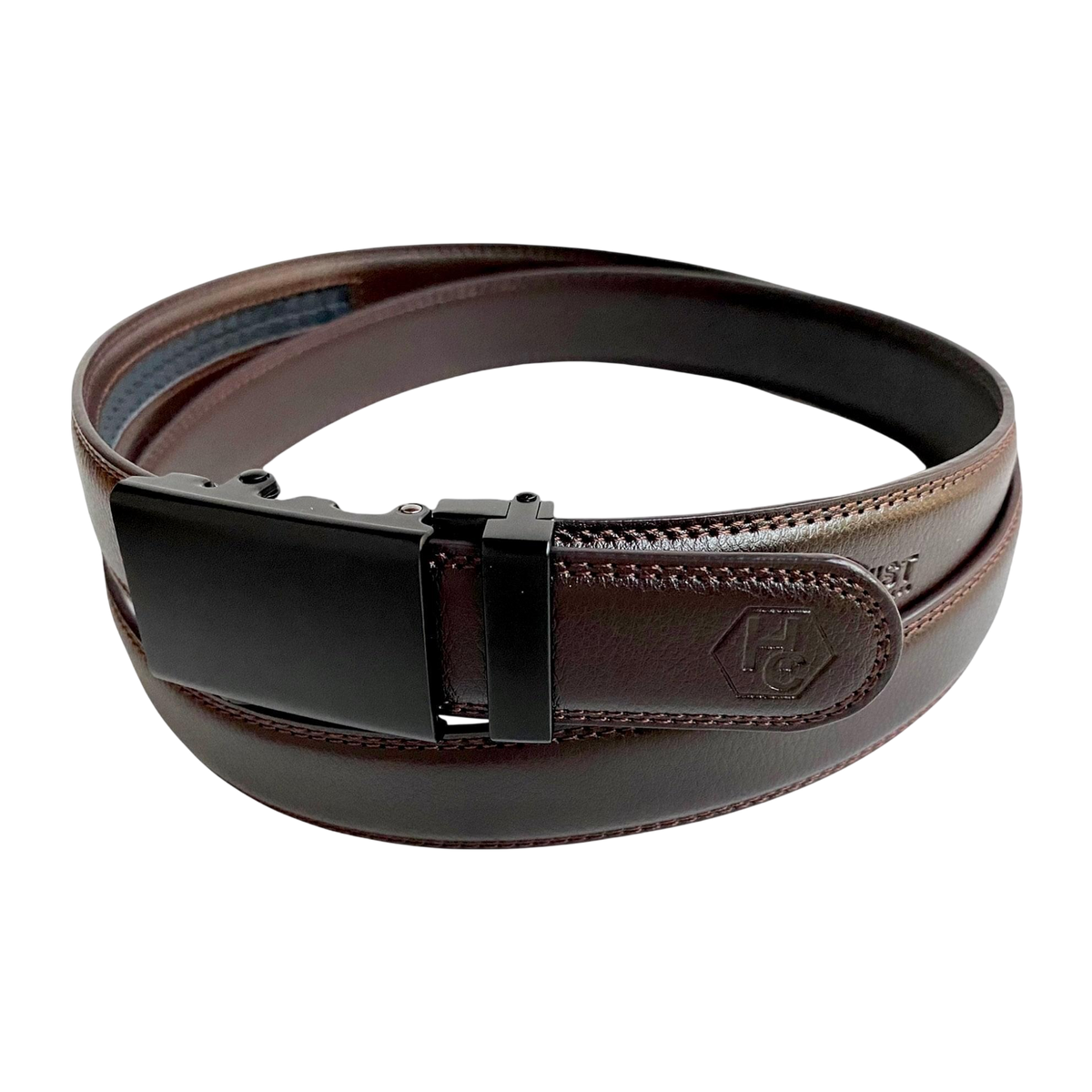 Dark brown folded-edge leather dress ratchet belt with black buckle, buckle detail close-up