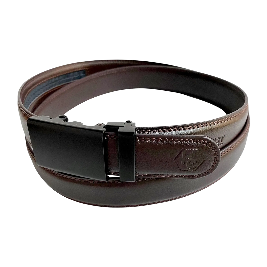 Dark brown folded-edge leather dress ratchet belt with black buckle, buckle detail close-up