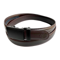 Dark brown folded-edge leather dress ratchet belt with black buckle, buckle detail close-up