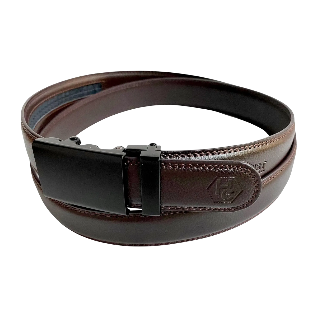 Dark brown folded-edge leather dress ratchet belt with black buckle, buckle detail close-up