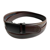 Dark brown folded-edge leather dress ratchet belt with black buckle, buckle detail close-up