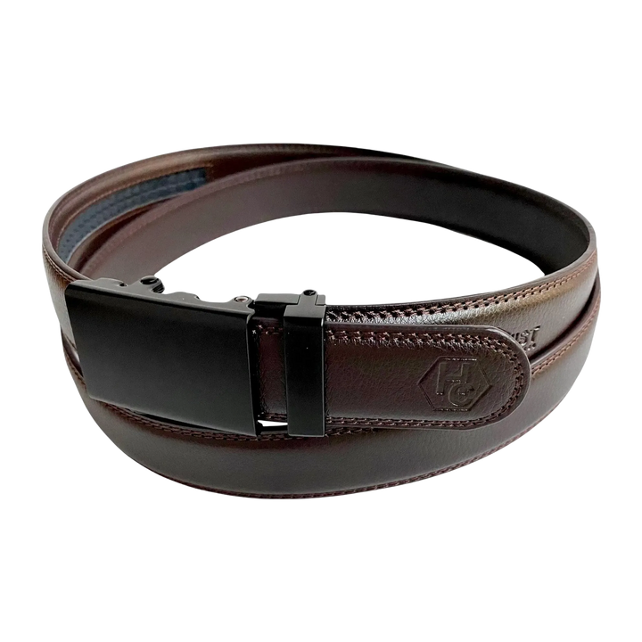 Dark brown folded-edge leather dress ratchet belt with black buckle, buckle detail close-up