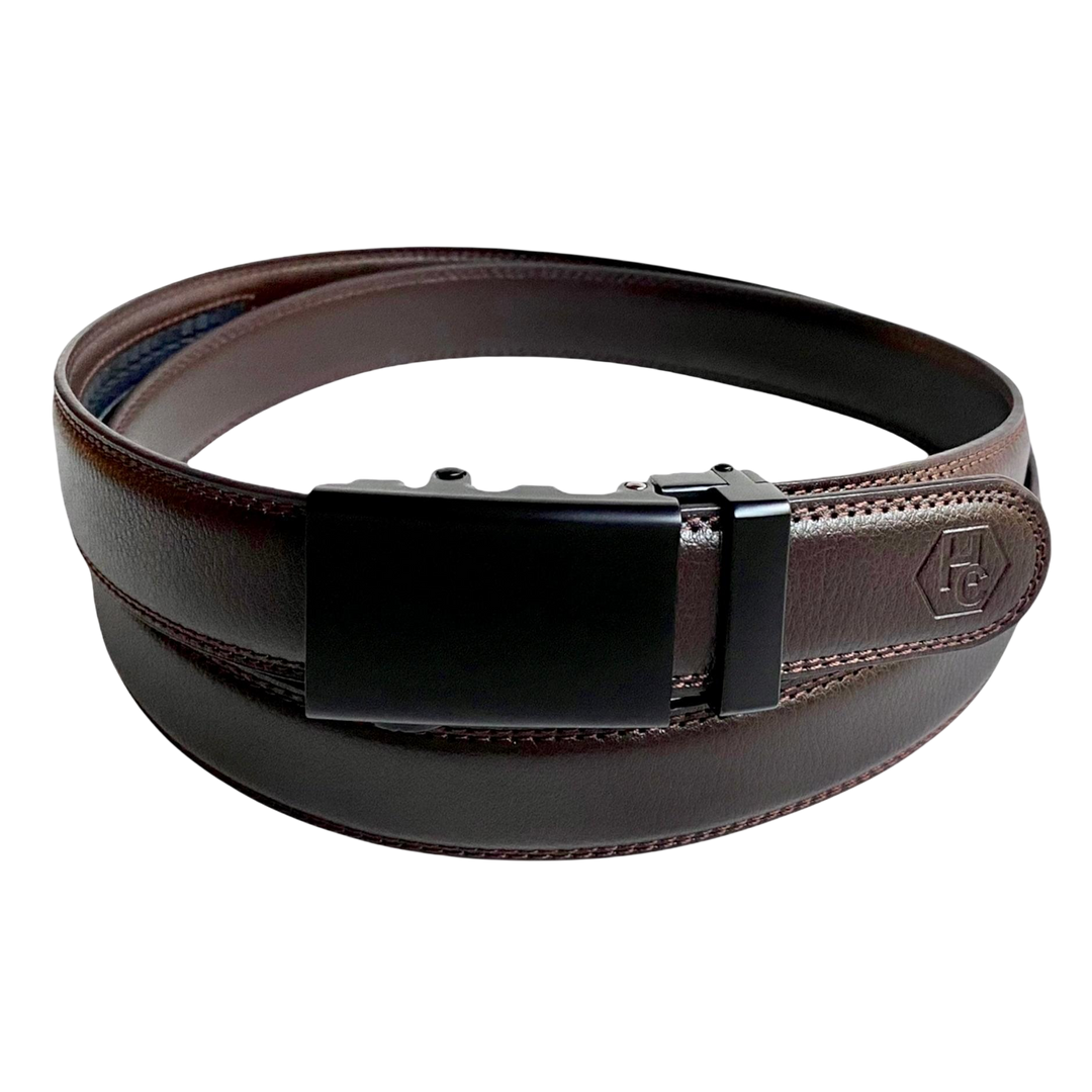 Dark brown folded-edge leather dress ratchet belt with black buckle, front view