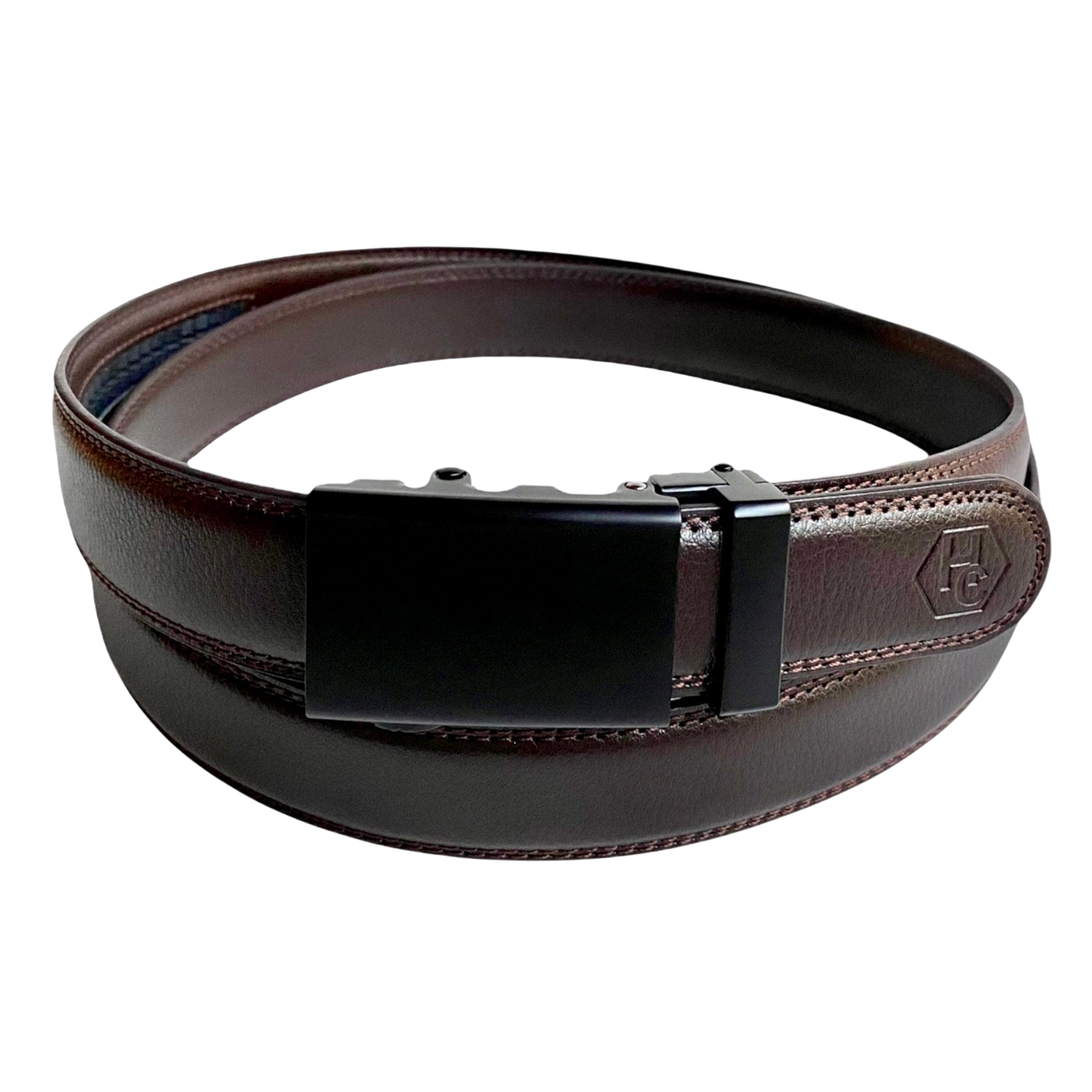 Dark brown folded-edge leather dress ratchet belt with black buckle, front view