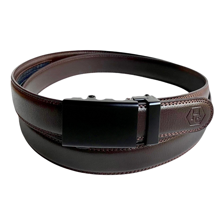 Dark brown folded-edge leather dress ratchet belt with black buckle, front view