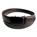 Dark brown folded-edge leather dress ratchet belt with black buckle, front view