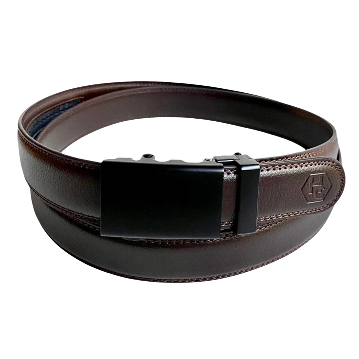 Dark brown folded-edge leather dress ratchet belt with black buckle, front view