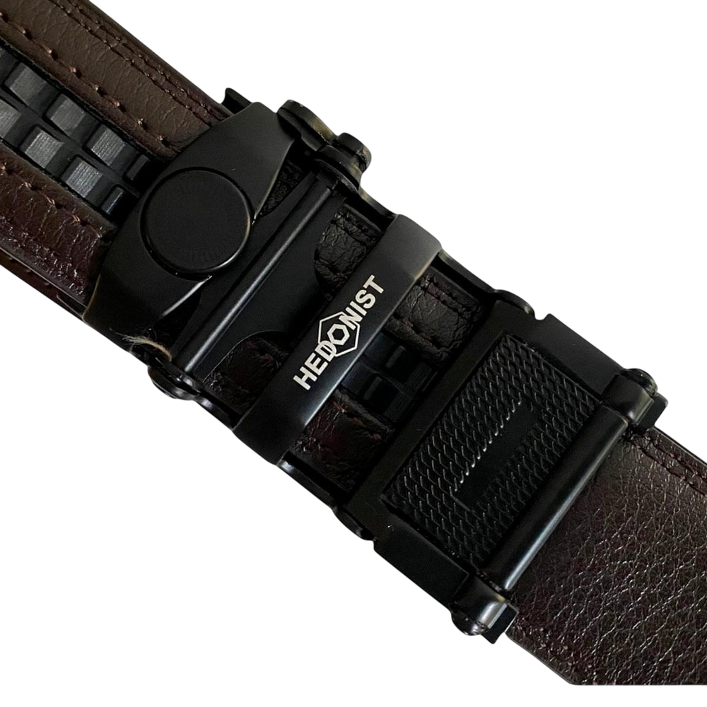 Dark brown folded-edge leather dress ratchet belt, hardware close-up