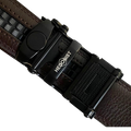 Dark brown folded-edge leather dress ratchet belt, hardware close-up