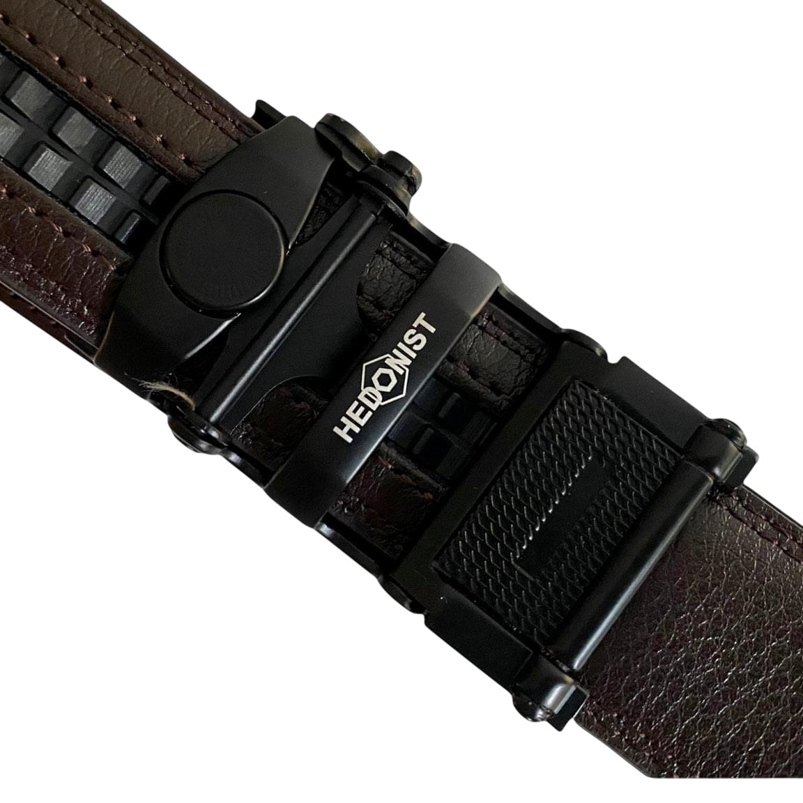 Dark brown folded-edge leather dress ratchet belt, hardware close-up