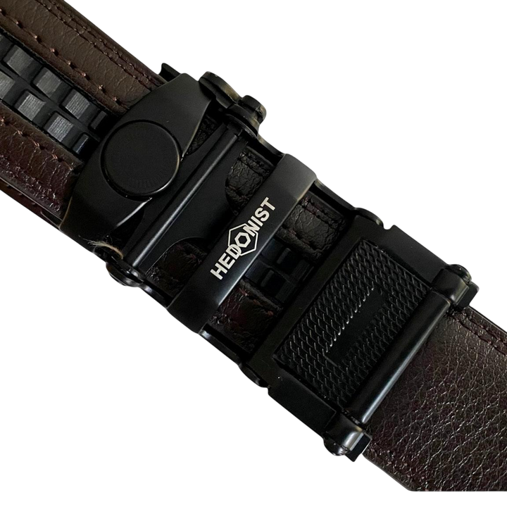 Dark brown folded-edge leather dress ratchet belt, hardware close-up
