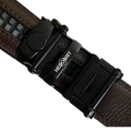 Dark brown folded-edge leather dress ratchet belt, hardware close-up